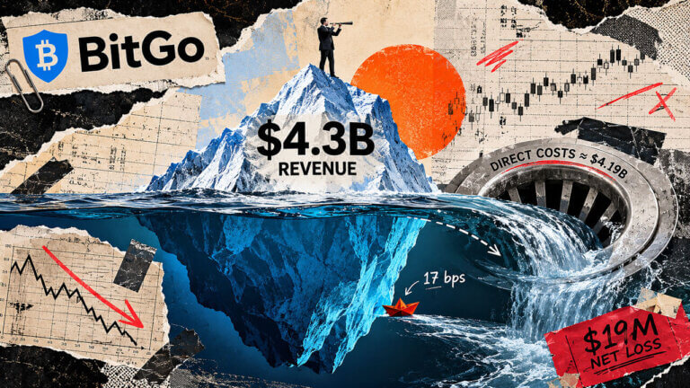 A BitGo revenue iceberg towers above water while $4.19B in direct costs drains away, leaving a tiny 17-basis-point margin and $19M loss.