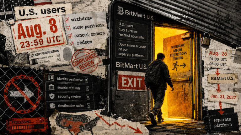 U.S. BitMart user approaches a glowing exit as Aug. 8 withdrawal notices, compliance checks and platform shutdown dates surround them.