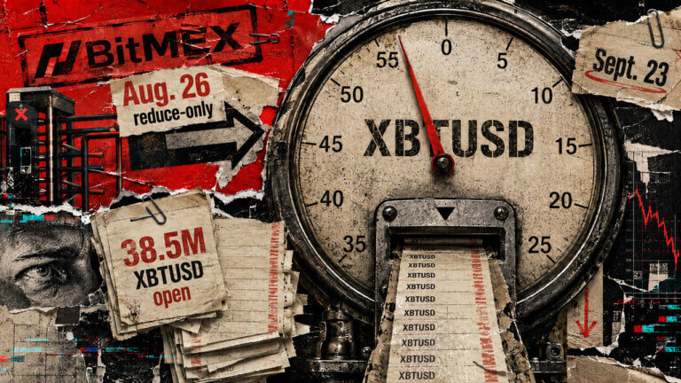 BitMEX editorial collage showing an XBTUSD countdown clock, Aug. 26 reduce-only deadline, and 38.5M open contracts facing closure.