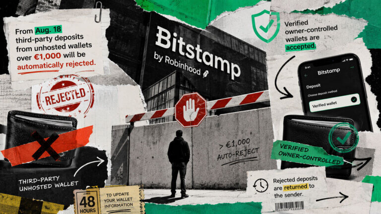 Bitstamp barrier blocks unhosted third-party deposits over €1,000 as verified owner-controlled wallets remain eligible for deposits.