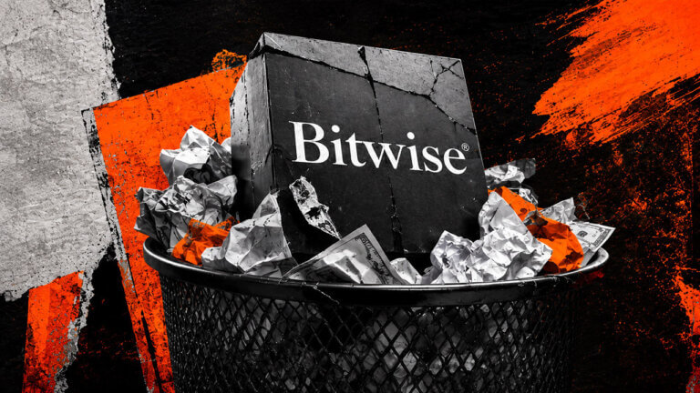 Cracked Bitwise block sits in a wire trash bin filled with crumpled paper and cash against an electric orange collage background.