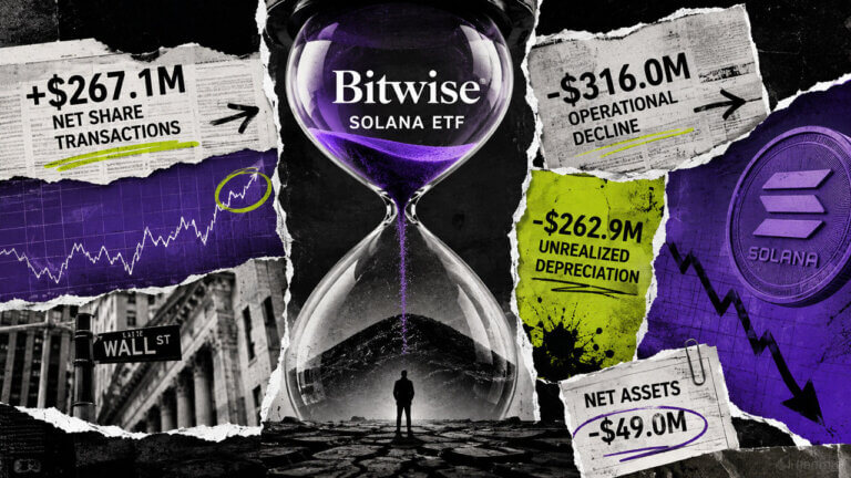Bitwise Solana ETF depicted as a leaking fishbowl as $267.1M in inflows is outweighed by $316M in operational decline.
