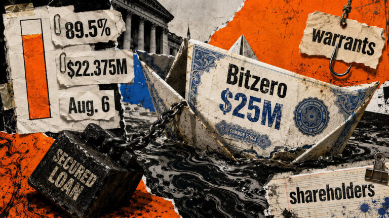 Bitzero’s $25M certificate boat sinks under a secured-loan weight beside 89.5%, $22.375M, Aug. 6, warrants, and shareholders.