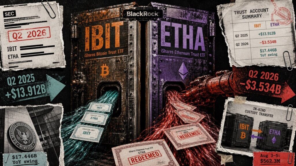 Editorial collage depicting BlackRock’s IBIT and ETHA trusts as a split institutional vault, with red redemption flows, smaller blue-green inflows, and torn SEC filing fragments showing a Q2 capital-flow reversal.