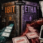 Editorial collage depicting BlackRock’s IBIT and ETHA trusts as a split institutional vault, with red redemption flows, smaller blue-green inflows, and torn SEC filing fragments showing a Q2 capital-flow reversal.