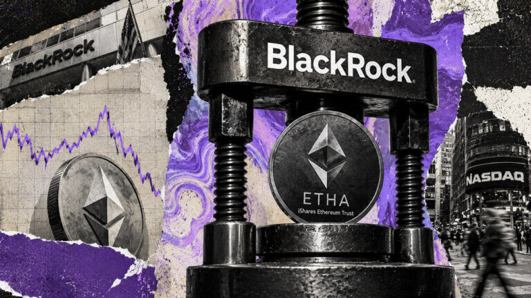 A large ETHA token is placed into a BlackRock crate as three smaller shares converge toward it beside Nasdaq and market charts.
