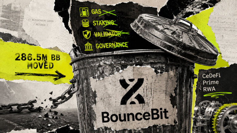Cracked BounceBit shell exposes a glowing inner machine while 286.5M BB moves and gas, staking, validator and governance roles vanish.