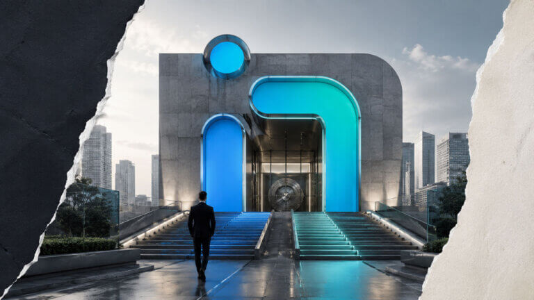 BrightFunded logo integrated into a modern financial gateway with dual stairways, a secure vault, and a trader approaching the entrance.