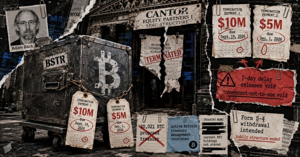 Editorial collage of a BSTR Bitcoin vault, Cantor SPAC termination papers, $10M and $5M payment deadlines, and red legal-warning notes.