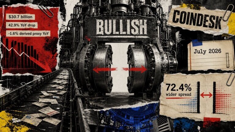 Editorial collage showing a Bullish trading machine with a widened central gap, sparse order slips, and data fragments highlighting a 42.9% volume drop and 72.4% wider spread.