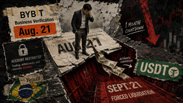 Bybit Brazil collage showing the Aug. 21 verification deadline, account restrictions, BRL conversion to USDT, and Sept. 21 forced liquidation.