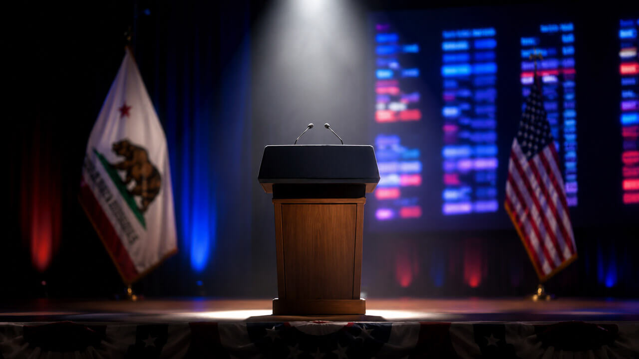 Empty election-night podium framed by California and U.S. flags with blurred results displays in the background.