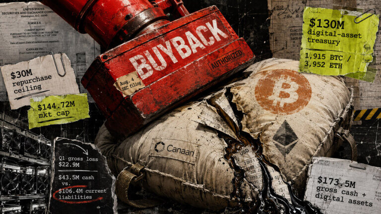 Canaan’s crypto treasury cushion is crushed by a red buyback press amid Bitcoin, Ethereum, cash, liabilities, and market-cap figures.