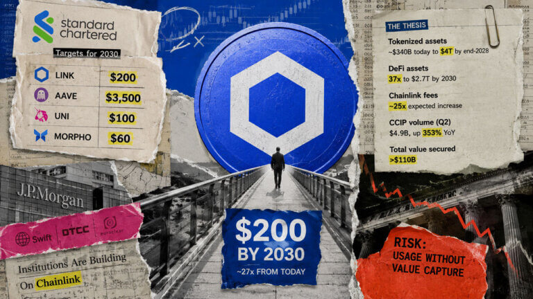 Chainlink editorial collage showing Standard Chartered’s $200 target, tokenization growth thesis, institutional adoption, and value-capture risk.