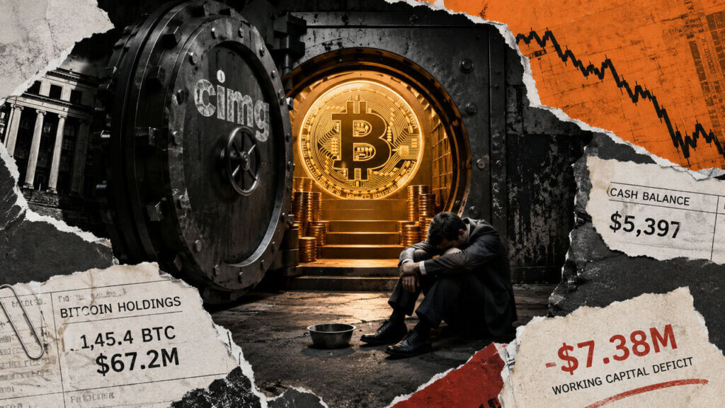 A businessman stands between a Bitcoin-filled vault and a nearly empty cash jar, highlighting CIMG’s severe working-capital shortfall.