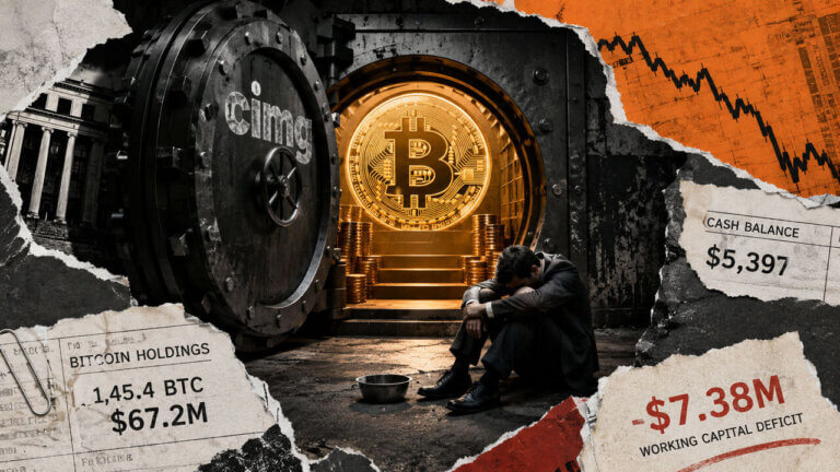 A businessman stands between a Bitcoin-filled vault and a nearly empty cash jar, highlighting CIMG’s severe working-capital shortfall.