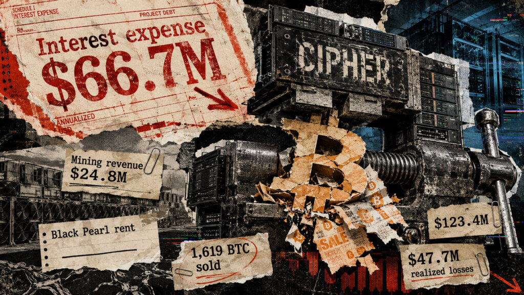 Cipher server-rack vice crushes a Bitcoin symbol beside figures for $66.7M interest expense, $24.8M mining revenue, and BTC sales.