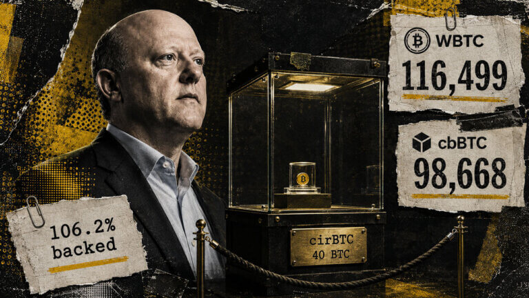 Jeremy Allaire stands beside a glass-encased cirBTC display as its 40 BTC supply contrasts sharply with WBTC and cbBTC.