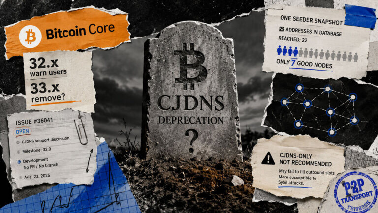 Weathered CJDNS tombstone framed by Bitcoin Core release notes, seven-good-node seeder data, and warnings about CJDNS-only operation.