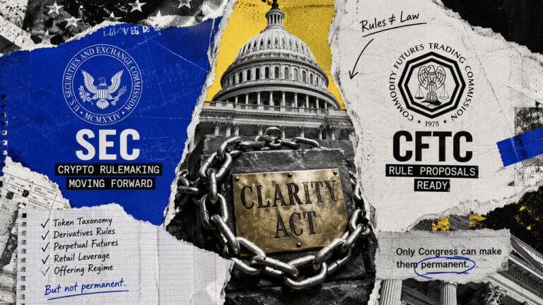 SEC and CFTC rulemaking flanks a chained CLARITY Act plaque before the Capitol, contrasting agency rules with permanent law.