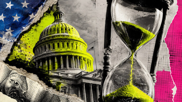 Neon-treated U.S. Capitol beside a large hourglass in a torn-paper editorial collage about the Senate’s shrinking legislative window.