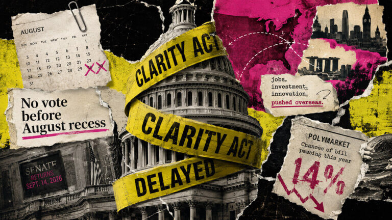Editorial collage of the U.S. Capitol wrapped in CLARITY Act delay tape, with August recess, overseas investment, and 14% passage odds.
