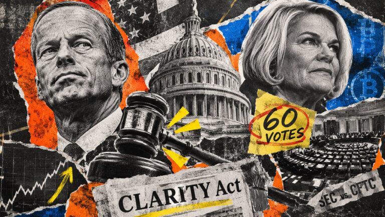 Torn-paper political collage featuring the U.S. Capitol, gavel, 60-vote threshold, CLARITY Act document, and crypto regulation imagery.