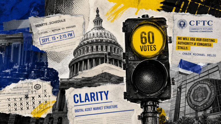 A large 60-vote signal stands before the Capitol as CLARITY Senate scheduling and CFTC regulatory fallback appear in layered collage fragments.