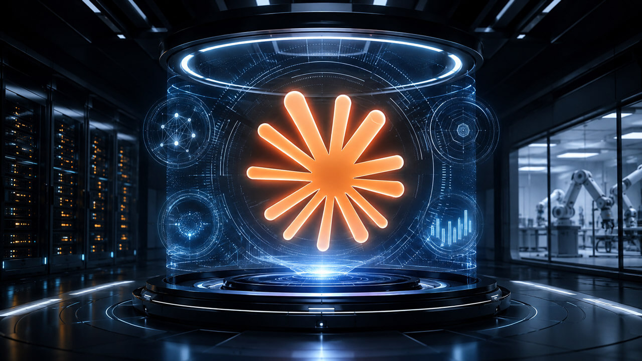 Claude logo revealed on a spotlighted stage beside an hourglass, symbolizing the timing of its Humanity’s Last Exam debut.