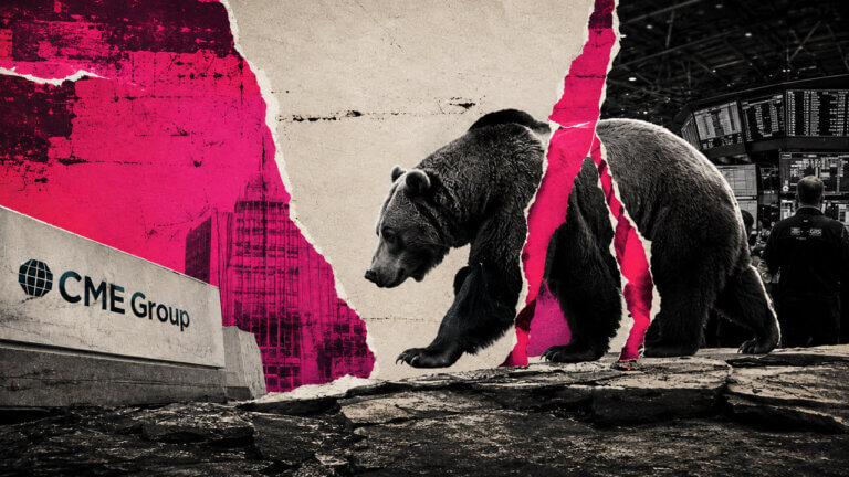 Large bear crosses torn pink paper between CME Group signage and a busy trading floor in a gritty market collage.