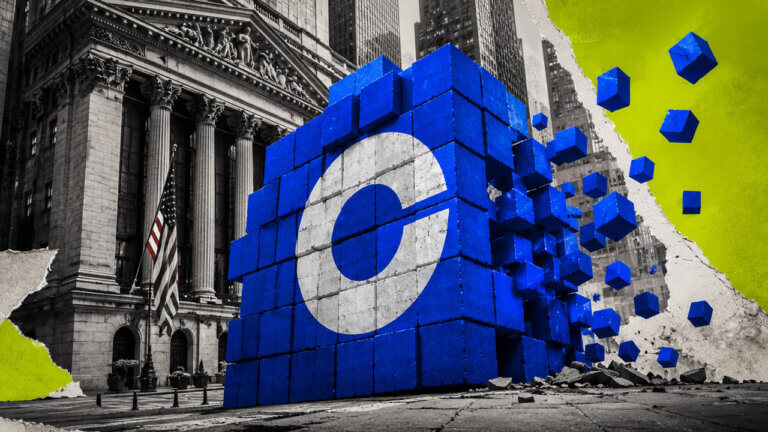 Blue Base-branded cube structure fragments beside a Wall Street building, symbolizing corporate blockchain competition and consolidation.