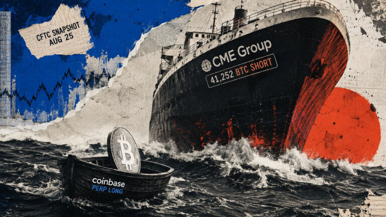 A tiny Coinbase Bitcoin long boat faces a towering CME vessel labeled 41,252 BTC short in a dramatic torn-paper seascape.