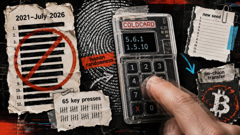 Coldcard wallet with repeated key presses, fingerprint randomness, vulnerable seed warning, and new-seed on-chain migration fragments.