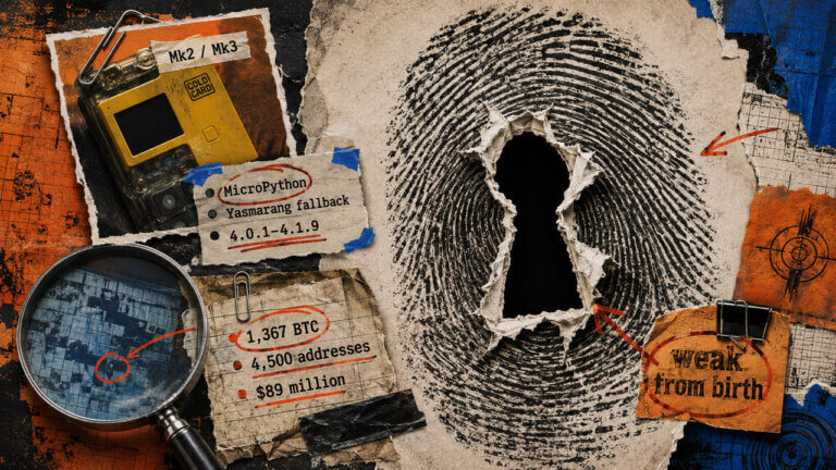 Giant fingerprint torn into a keyhole beside Coldcard evidence, firmware labels, and Bitcoin loss figures in an orange-blue forensic collage.