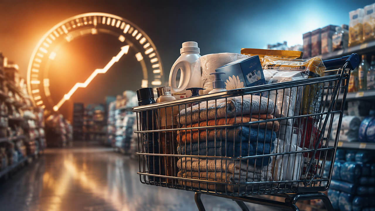 Shopping cart filled with household essentials inside a supermarket as a large rising gauge symbolizes core inflation.