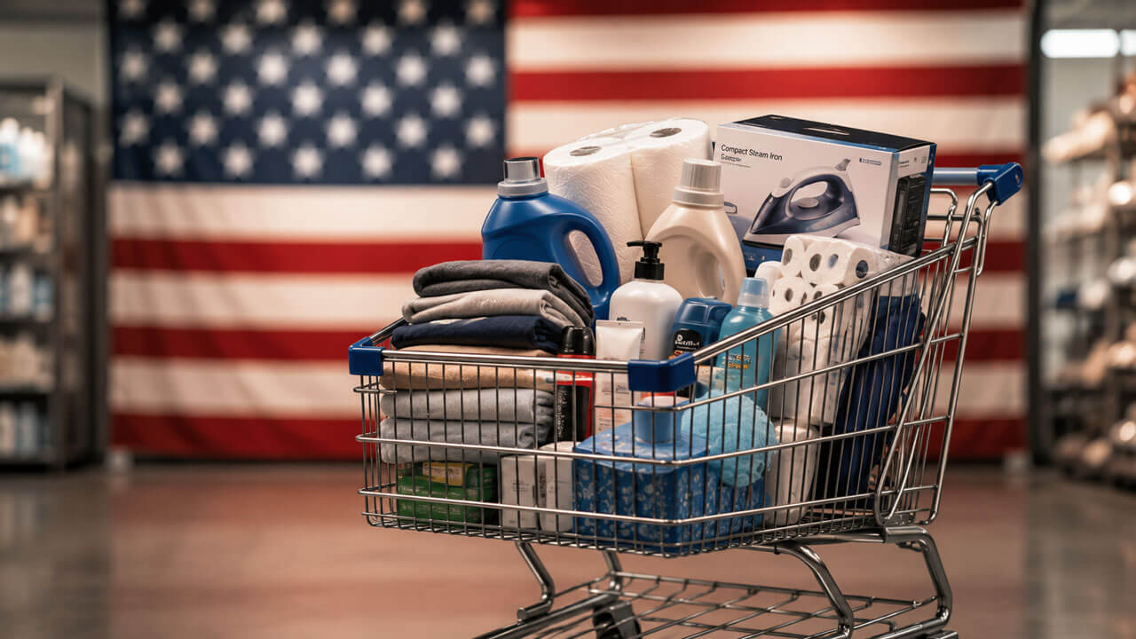 Shopping cart filled with household essentials in front of a U.S. flag, representing July 2026 core CPI inflation.