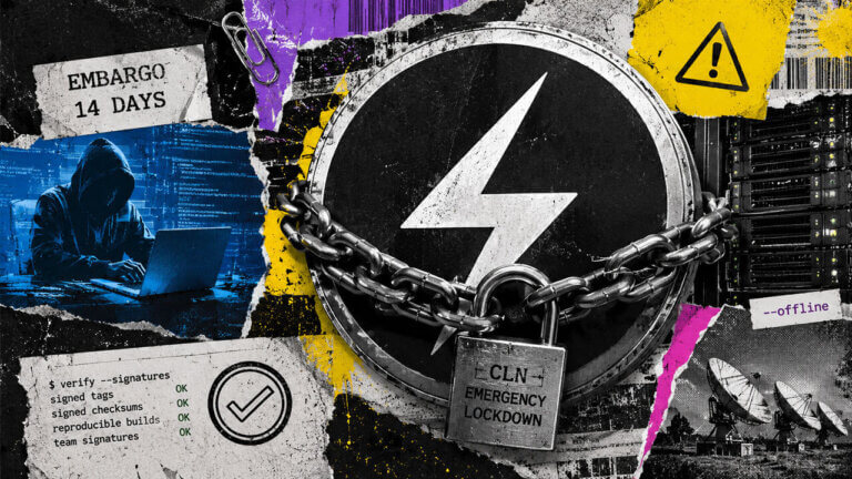 Chained Core Lightning emblem represents an emergency security lockdown as AI bug reports, verification checks, and offline risks surround the network.