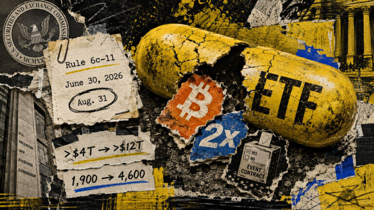 Cracked ETF capsule spills Bitcoin, 2x leverage and event-contract fragments as SEC rules test how far the fund wrapper can stretch.