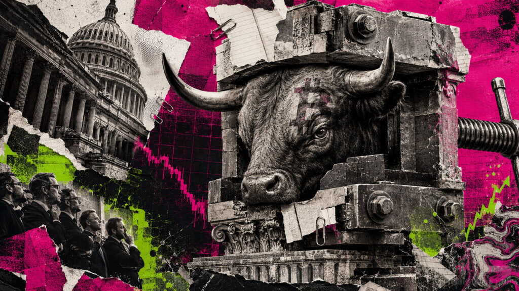 Powerful bull trapped in an industrial vice beside the Capitol, symbolizing crypto markets compressed by regulatory uncertainty.