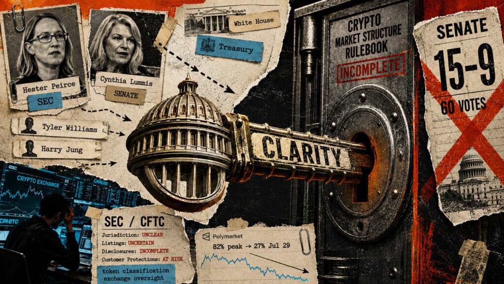 Capitol-shaped CLARITY key enters an incomplete crypto rulebook lock amid departing officials, Senate vote hurdles, and falling passage odds.
