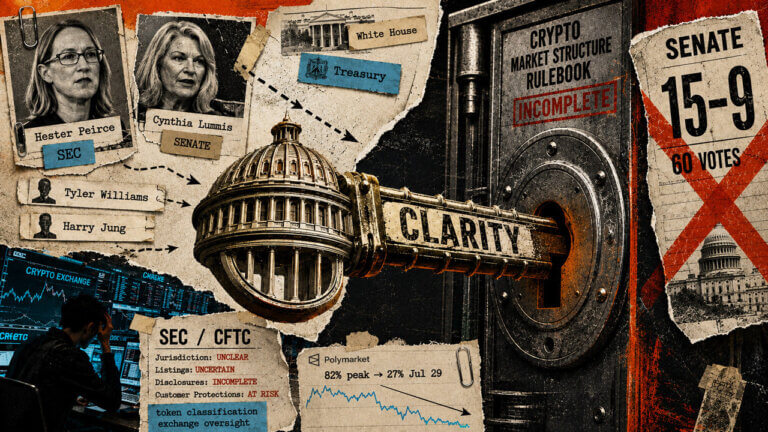 Capitol-shaped CLARITY key enters an incomplete crypto rulebook lock amid departing officials, Senate vote hurdles, and falling passage odds.