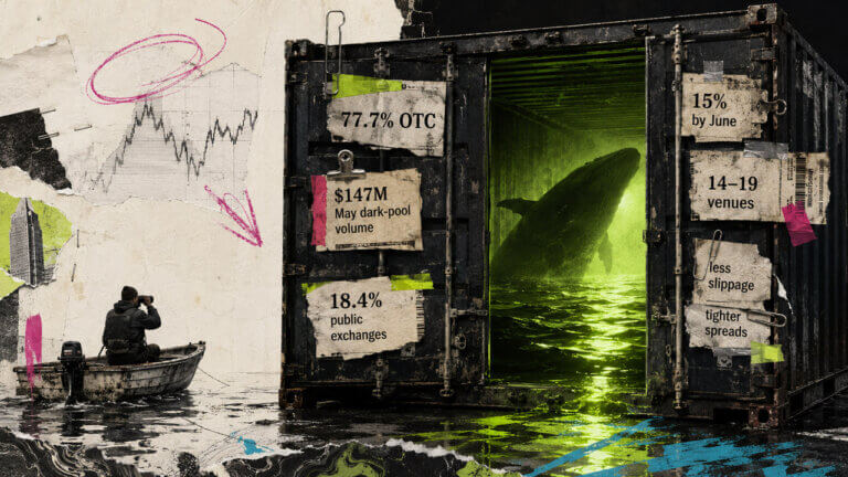 Open shipping container reveals a whale in glowing green water, surrounded by OTC, dark-pool volume, venue, and execution data.