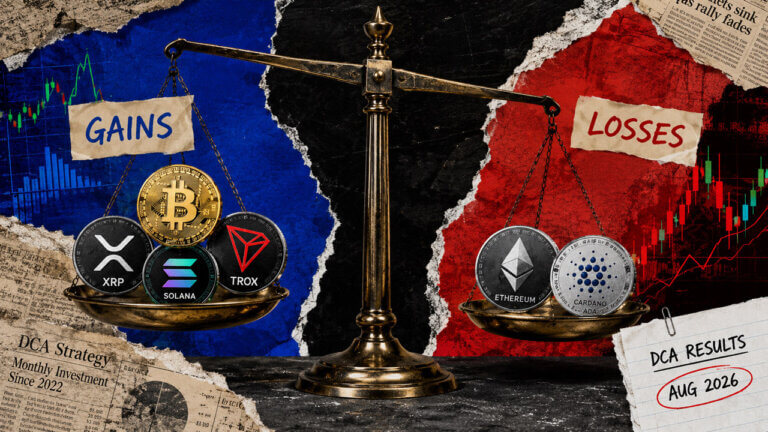 Vintage balance scale contrasts Bitcoin, XRP, Solana and TRX gains against Ethereum and Cardano losses in August 2026 DCA results.