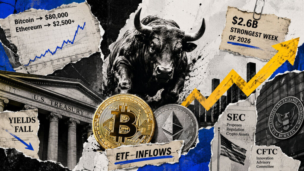 A charging bull towers over Bitcoin, Ethereum, rising charts, and ETF inflow data as crypto markets surge on renewed investor demand.