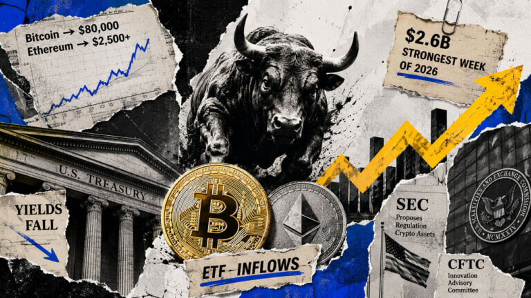 A charging bull towers over Bitcoin, Ethereum, rising charts, and ETF inflow data as crypto markets surge on renewed investor demand.
