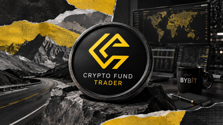 Crypto Fund Trader editorial montage with branded medallion, mountain road and trading workstation representing access to funded crypto markets.