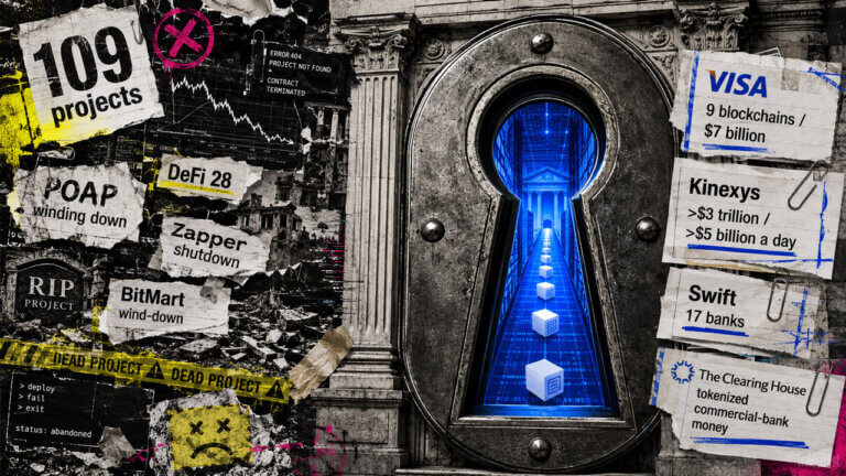 Giant bank keyhole contrasts 109 crypto project closures with Visa, Kinexys, Swift and Clearing House blockchain adoption.