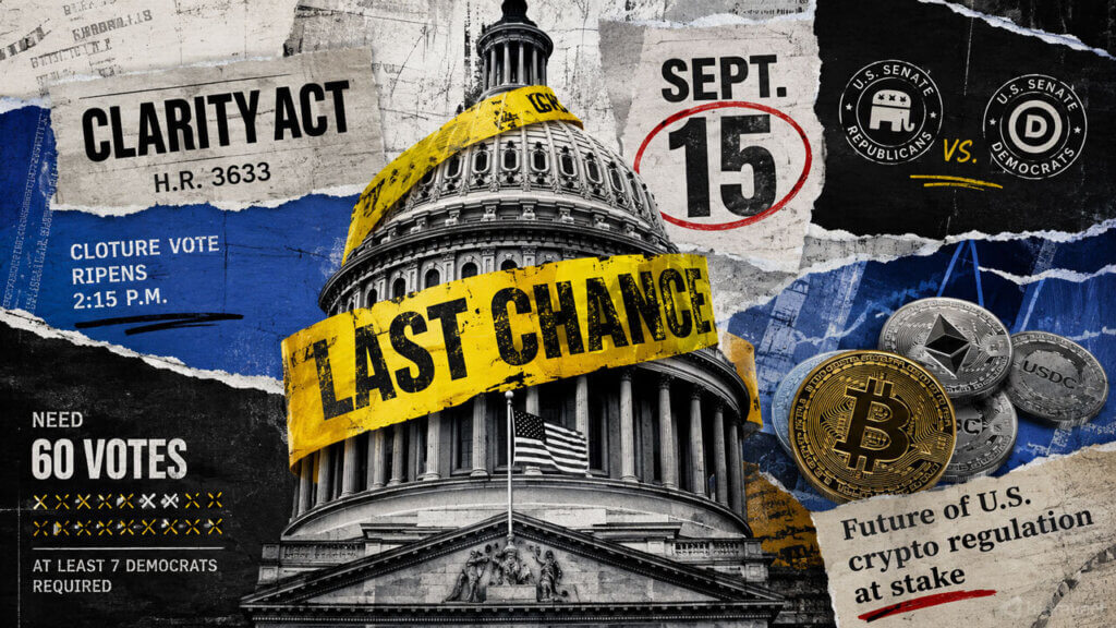 Capitol wrapped in yellow “Last Chance” tape amid Sept. 15, CLARITY Act and 60-vote fragments with crypto symbols.