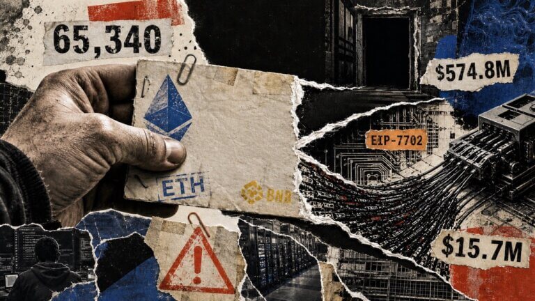 Editorial collage of a hand holding a torn crypto address card, with Ethereum, BNB, EIP-7702 circuitry, and loss figures