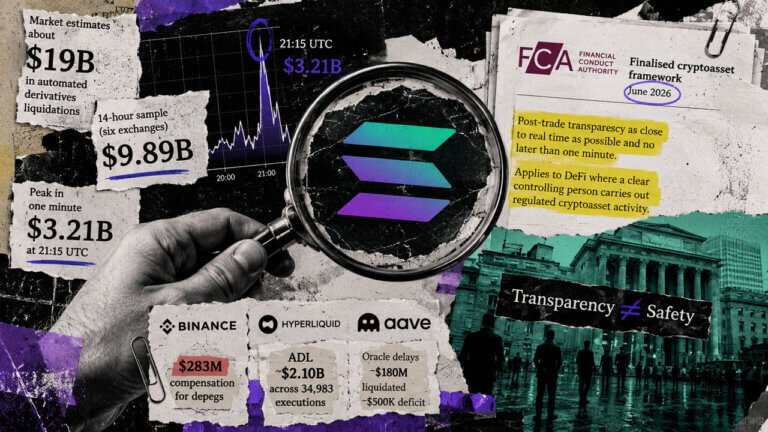 Magnifying glass examines a crypto crash chart beside conflicting liquidation totals and evidence from Binance, Hyperliquid and Aave.